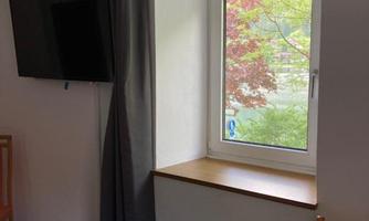 A window with a wooden board and a curtain. In the background, there is a television and some plants visible.