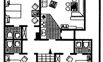 A layout drawing of an apartment with several rooms. In the center is the kitchen, surrounded by bedrooms and bathrooms.
