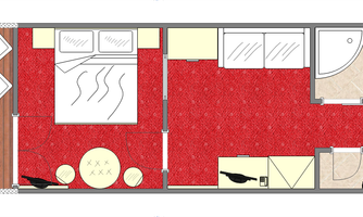 A floor plan of a room with a bedroom, a living room, and a bathroom. The floor is red, and there are furniture items like a bed, tables, and a seating area.