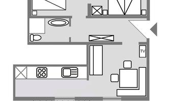 A floor plan of an apartment with two bedrooms, a bathroom, and an open living area. The kitchen is shown adjacent to the living area.