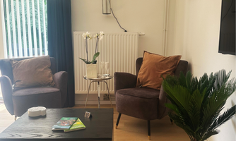 A cozy living area with two armchairs and a wooden coffee table. A plant stands next to the table and daylight streams through the windows.