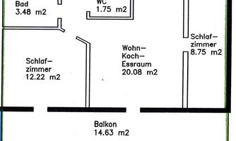 A simple floor plan sketch of an apartment with various rooms. The individual areas are labeled with their respective square meter numbers.