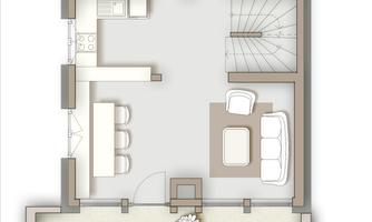 A clear floor plan drawing of an apartment. The representation shows various rooms, including a living room, a kitchen, and a bedroom.