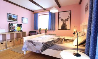 A cozy bedroom with pink walls and wooden beams. There is a large bed, a television, and a picture of a deer on the wall.