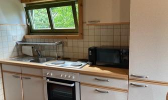 A bright kitchen with a sink, cooktops, and an oven. Next to the window is a microwave.
