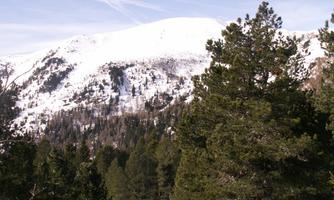 A snow-covered mountain landscape surrounded by dense green forests. The sky is clear with a few white clouds.