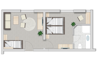 A floor plan representation of an apartment with two bedrooms and one bathroom. The space is furnished with furniture such as sofas, small tables, and plants.