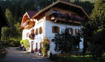 A cozy house in alpine style, surrounded by trees and flowers. The clear sky and mountains in the background create an idyllic atmosphere.
