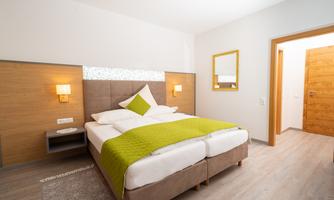 A modern bedroom with a comfortable double bed and fresh, green bedding. The walls are in warm wood and neutral tones, and there is a large mirror as well as a wooden door.