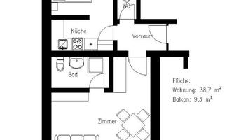 An apartment floor plan with two rooms, kitchen, bathroom, and a balcony. The total area is 38.7 m², and the balcony has an area of 9.3 m².