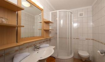 A modern bathroom with a shower and a mirror-like sink. The walls are tiled, and there are wooden shelves for additional storage space.