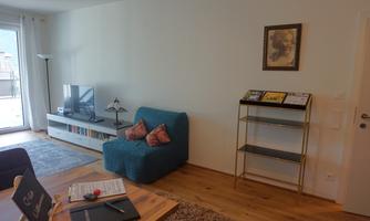 A modern living room with a blue sofa and a small table. In the background, there is a television and a shelf with magazines.