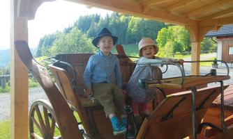 Two children are sitting and smiling in a carriage. In the background, green hills and trees can be seen.
