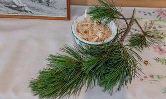 A plate with wood shavings and a branch with needle greenery are lying on a table. In the background, a framed black-and-white photo is visible.