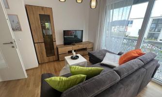 A modern living room with a comfortable sofa and colorful cushions. A television and a stylish cabinet are also present, as well as large windows that let in plenty of light.