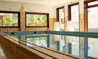 A bright indoor swimming pool with clear water and large windows. The surroundings are peaceful and inviting, ideal for relaxing.
