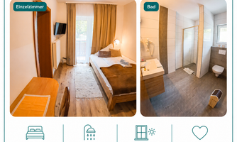 A cozy single room with modern furniture and plenty of natural light. The bathroom is modern and bright, ideal for a relaxing break.