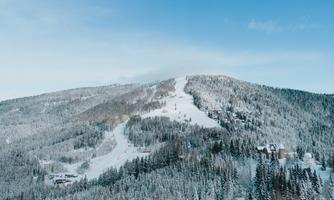 A snowy mountain landscape with trees and a clear blue sky. In the center, a ski slope runs down the slope.