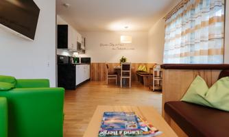 A modern living room with an open kitchen and dining area. The decor is cozy with green armchairs and comfortable cushions.