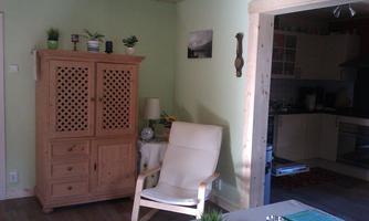 A cozy living room with a light green paint and wooden furniture. Visible are a relaxing armchair, a cabinet, and a small kitchenette in the background.