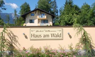 A modern house surrounded by green trees and flowers. A welcome sign reads "House by the Forest."