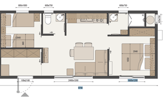 A simple layout of a living space with a kitchen, dining area, and bathroom. The furniture is sketched schematically, and the dimensions are indicated.