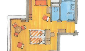 A colorful floor plan drawing of an apartment. It shows a living room, two bedrooms, a bathroom, and a kitchen.
