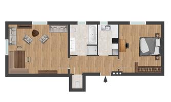 A modern apartment with an open floor plan. It includes a living room, a kitchen, a bathroom, and a bedroom.