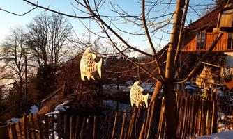 A beautiful tree with hanging fish decorations in a winter landscape. In the background, there are trees and a wooden building.