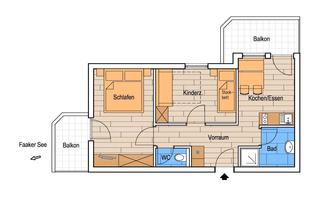 A clear floor plan drawing of an apartment with two bedrooms, a living room with kitchen, and a bathroom. The balcony offers a view of Lake Faak.