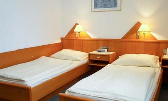 A simple room with two single beds and warm wood interior. Pictures hang on the wall, and there are nightstands with lamps.