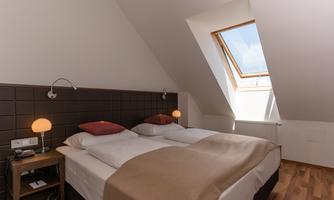 A cozy bedroom with a double bed and wooden floor. A skylight provides natural light and a pleasant atmosphere.
