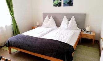 A cozy bedroom with a large double bed and two pillows. Two pictures hang on the wall, and a window with green curtains lets in daylight.