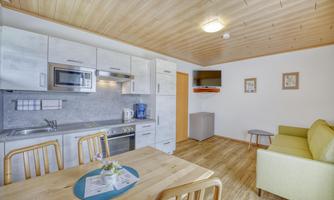 A modern kitchenette with a dining table and chairs. There is also a cozy living room with a green sofa and wooden floor.