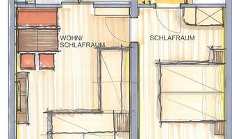 A simple floor plan drawing of an apartment. It shows the arrangement of kitchen, bathroom, living/sleeping area, and terrace.