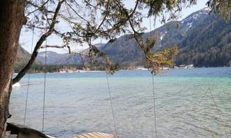 A swing-like wooden bench hangs from a tree above the water. In the background, mountains and clear, blue water can be seen.