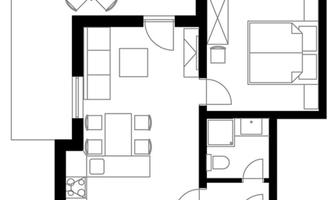 A floor plan of a house with an open living and kitchen area, two bedrooms, and a bathroom. The layout shows a functional and modern room design.