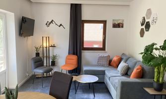 A modern living room with a gray sofa and colorful cushions. There is a television, a table, and plants that create a friendly atmosphere.
