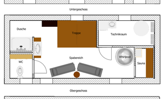A schematic floor plan of a multi-story house. The individual floors show different rooms such as bedrooms, kitchen, and sauna.
