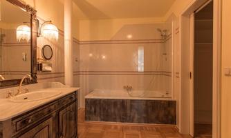 An elegant bathroom with a bathtub and a large washbasin. The walls are bright and there is a large mirror as well as a shower.
