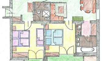 A colorful floor plan drawing of an apartment. It shows different rooms such as a bedroom, a bathroom, and a kitchen.