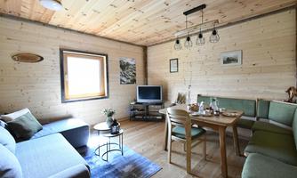 A cozy living space with a wooden ceiling and walls. The room contains a sofa, a dining table, and a TV corner.