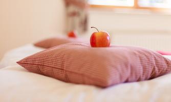 A cozy room with two cushions on a bed. On one cushion lies a red apple.