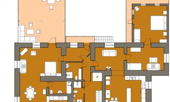 A floor plan of a modern house with various rooms, including a living room, kitchen, and bedroom. The illustration shows a clear arrangement of the spaces and furniture.