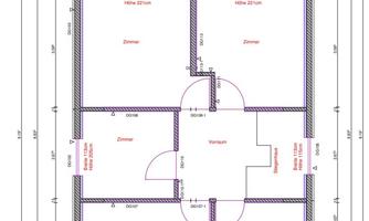 A technical drawing of a living space with several rooms. The dimensions and room divisions are clearly marked.