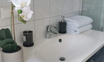 A modern bathroom with a sink, towels, and plants. On the sink, there are toiletries and an orchid.