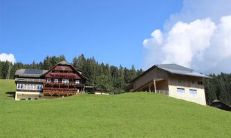 A picturesque farmhouse with a modern extension on a green meadow. In the background, there are trees and a clear blue sky.