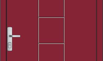 A modern, red door with a square window in the middle. The door has a simple, straight design.