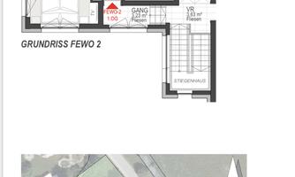 A floor plan of an apartment with several rooms and a bathroom. Below is an overview of the terrain with a pond and access to the building.