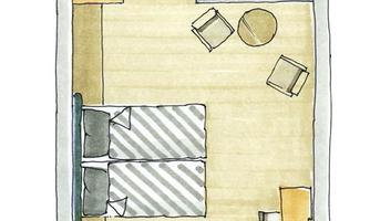 An overview of the floor plan of an apartment with two bedrooms. It shows furniture and a pleasant room layout.